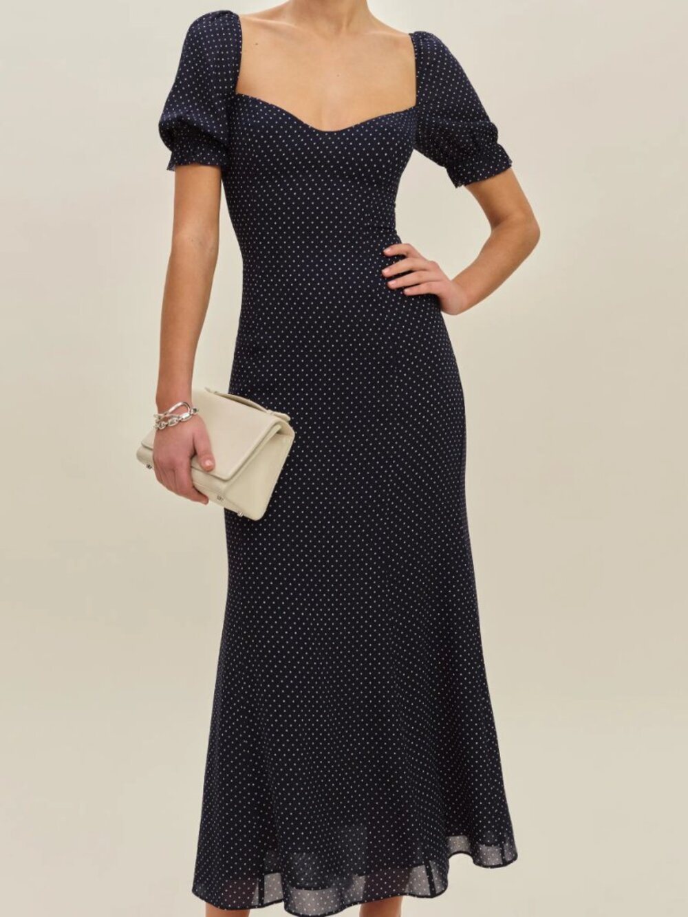 Reformation Gloria Midi Sweetheart Polka Dot Dress In Navy Women's Size 4 (NWT)